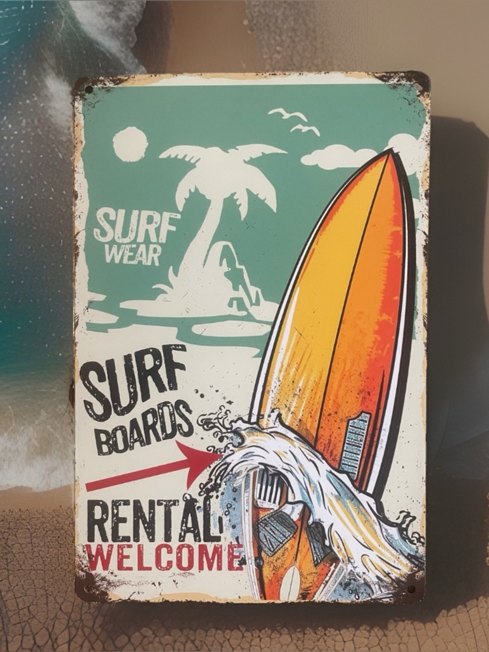 Surf Wear Surf Boards Rental Sign Metal “Vintage, Distressed” NEW Surfing Ocean